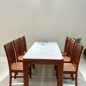 Bàn ăn xoan đào mẫu chân chỉ mặt đá kích thước 1m6